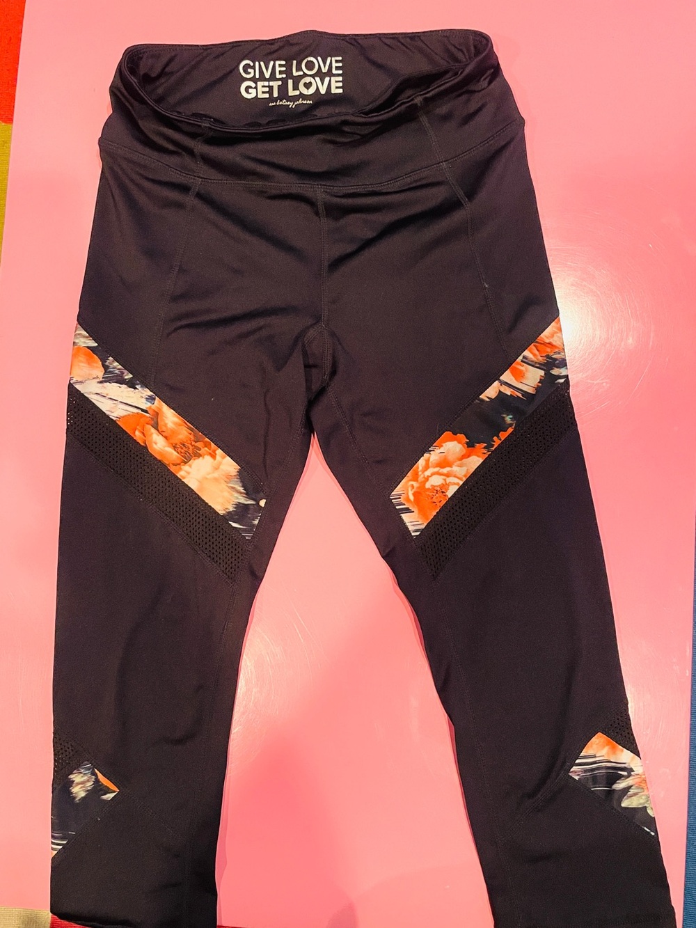 Betsey Johnson Capri Workout Leggings with Orange Floral and Mesh Accents